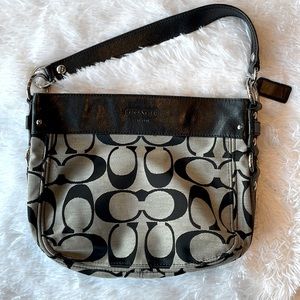 Coach Black/Grey Signature Fabric Shoulder Hobo Bag